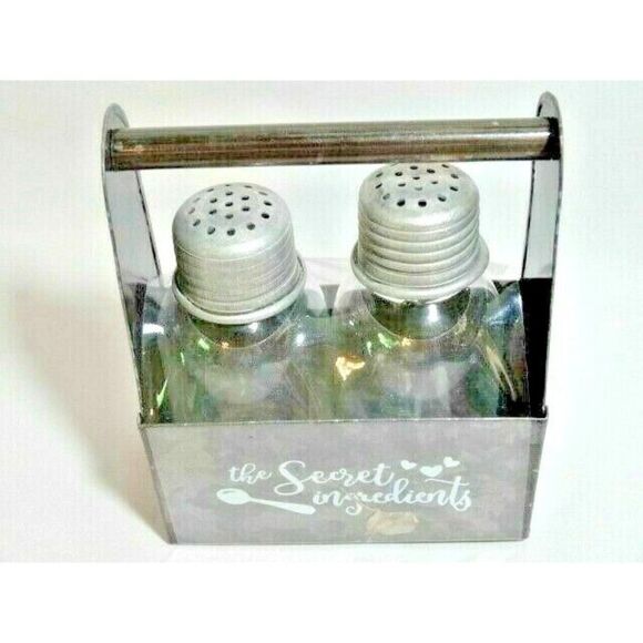 Rustic Living Secret Ingredients Salt and Pepper Shakers Glass Galvanized Metal - Picture 2 of 2